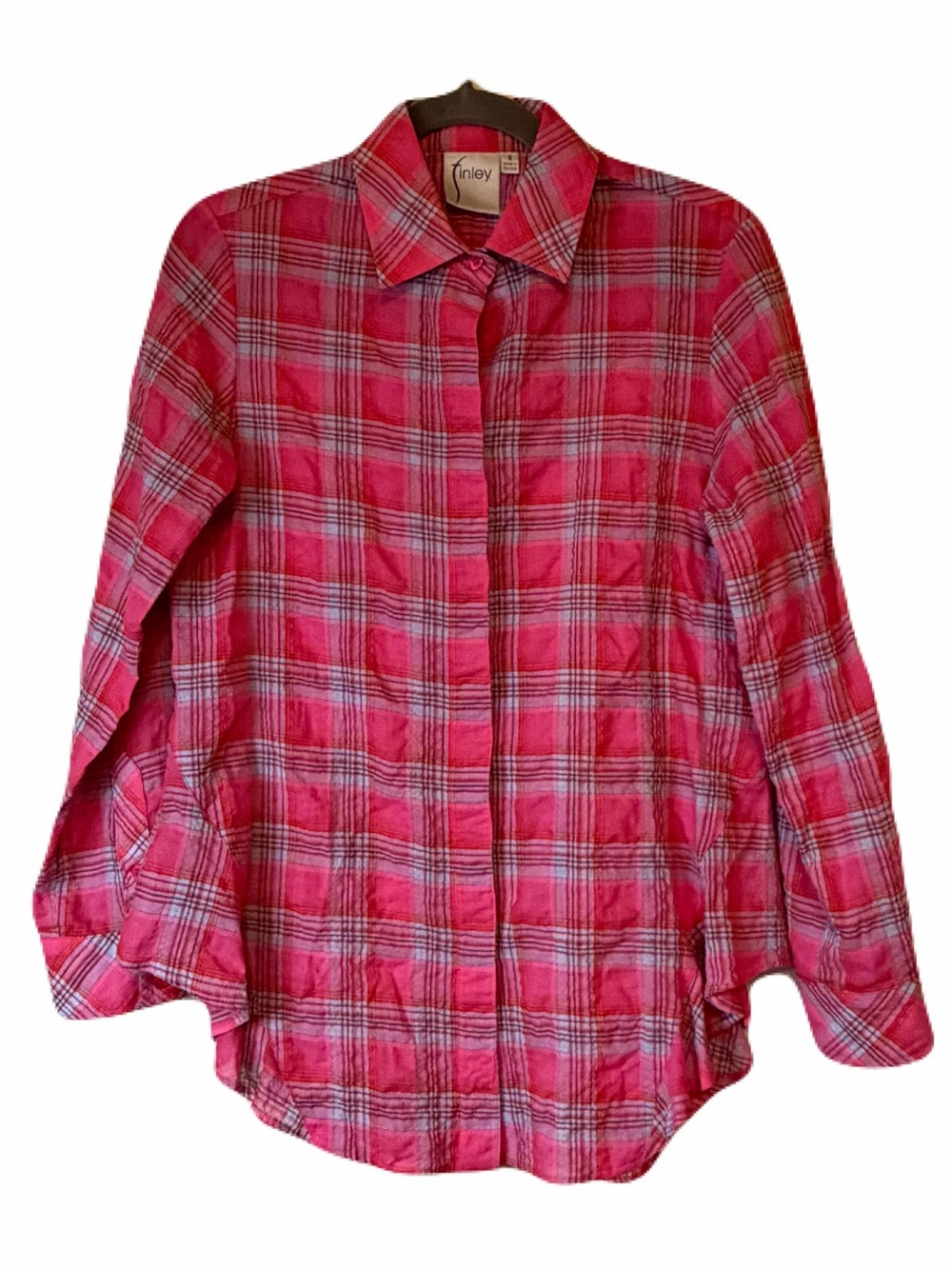 Finley Agetha Pink Bubble Plaid Ruffle Shirt size Small